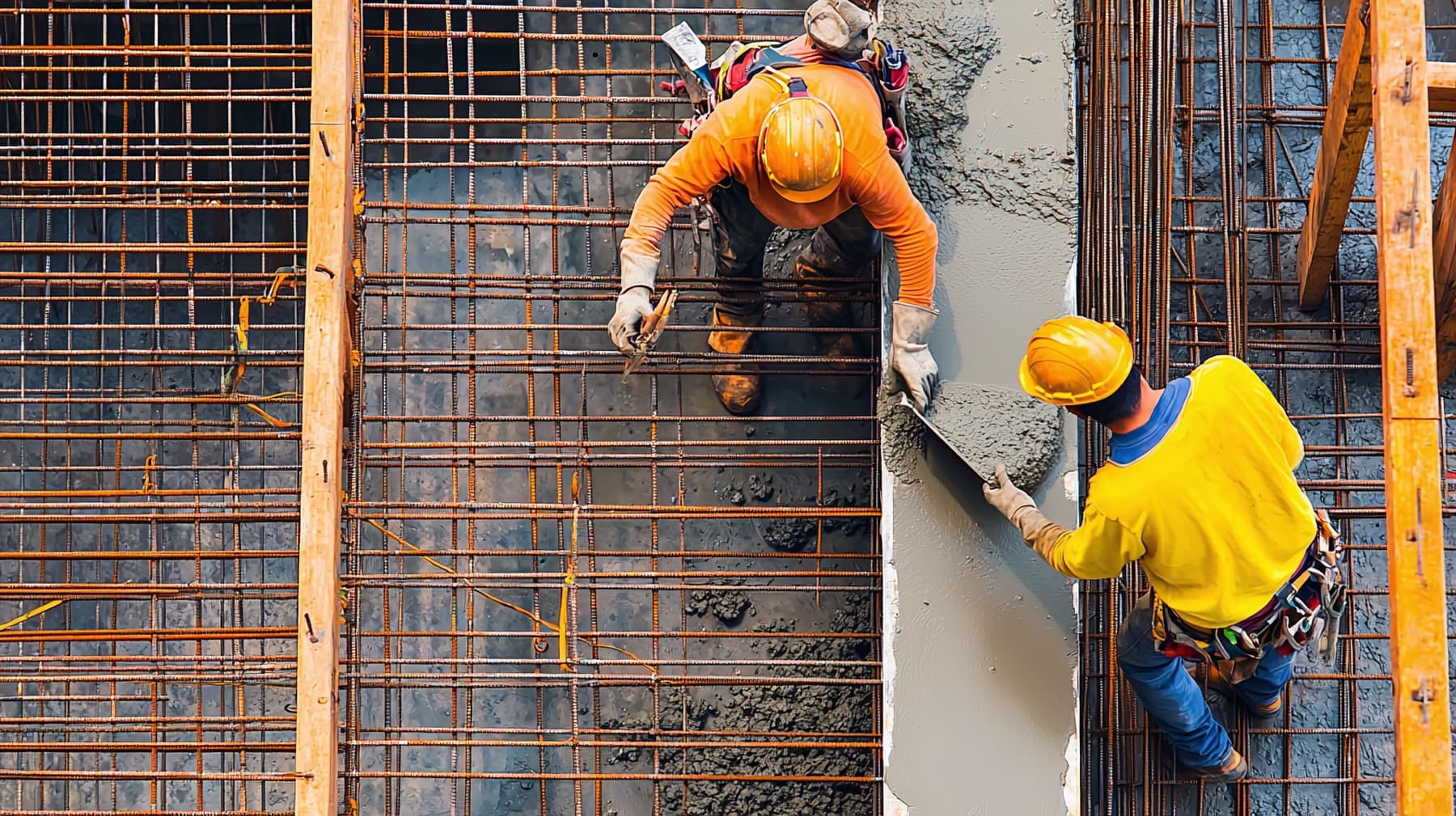 Construction crew pouring concrete around reinforced slab structure