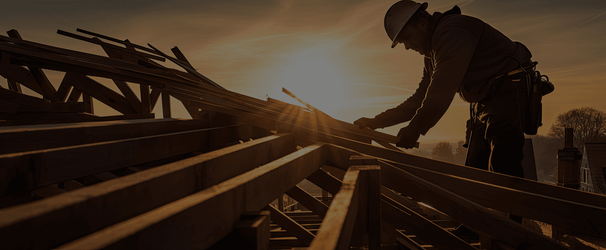 Construction professional working with steel framing at sunset
